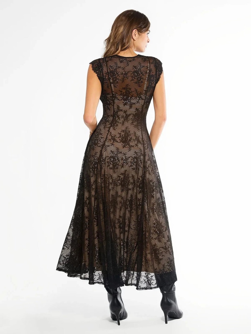 Sz L Popilush Black Shapewear Boho Floral Lace Front Slit Maxi Dress NWT - Picture 10 of 12